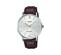 Casio MTP-VT01L-7B2T Orologio analogico da uomo minimalista con quadrante argentato e cinturino in pelle marrone