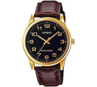 Casio Orologio da polso da uomo al quarzo classico cinturino in pelle marrone cassa in ottone display analogico nero - MTP-V001GL-1B