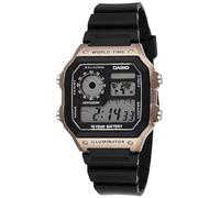 Casio Serie AE1200WH | Orologio digitale da uomo | 100M WR | Multi Allarmi | Cronometro 100 SEC | Timer conto alla rovescia | Mappa del mondo per l'ora del mondo | Luce LED | Display analogico LC |