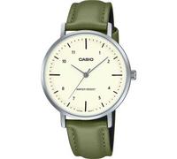 Casio LTP-VT03L-3B Orologio analogico da donna minimalista con cinturino in pelle verde beige con quadrante a forma concava a 3 lancette