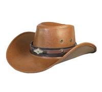 CASNO Cappello da cowboy punk per adulti, stile americano, cappello a tesa larga arrotolato Fedora in pelle PU cappello da cowboy con corda regolabile, Cammello, 1-2