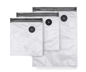 CASO Vacu ZIP Bags Set - 20 sacchetti di pellicola in 3 misure, resistenti e antistrappo (150 μm), riutilizzabili, SousVide, 2 tappi con zip e 4 adesivi Food