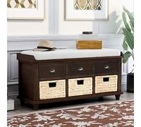 Cassapanca rustica in legno di acacia con 3 cassetti e cestini in rattan, mobili da ingresso e soggiorno, 106,9 x 39,1 x 47,5 cm (lunghezza x larghezza x altezza), finitura caffè