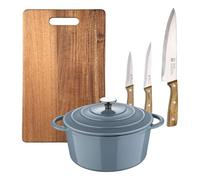 Casseruola con coperchio Ø25,5 x 12 cm in ghisa colore blu + 3 manici in acciaio inox + tagliere 40 x 25 cm NOIA San Ignacio