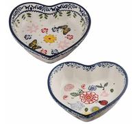 Casseruola in ceramica a forma di cuore, ciotola da forno in gres porcellanato da 425 g, design floreale dipinto a mano, finiture blu navy