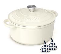 Casseruola rotonda in ghisa smaltata con coperchio e presine in cotone, 26 cm, 4,75 l, antiaderente, per forno olandese resistente per cuocere il pane, brasare, stufati, arrosti, arrosti, colore