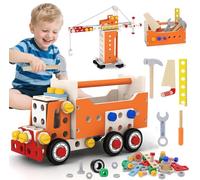 Cassetta Attrezzi Bambini Giochi in Legno, 124 Pezzi Attrezzi da Lavoro, Legno Costruzioni, Carrello Portautensili, Gru Robot Utensili, Giochi Educativi Regalo 3 Anni