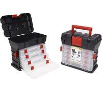 Cassetta degli attrezzi con 4 casse 27x18x26,5 cm, nera e orange, con diversi scomparti individuali. Diverse divisioni per la conservazione degli attrezzi, fai da te, giradischi