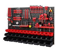 Cassetta degli attrezzi impilabile 1152 x 780 mm Set di supporti per attrezzi e 34 pezzi Scaffale da parete per officina mensola forata scaffalatura per magazzini scatole di stoccaggio (rosso nero)