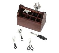 Cassetta degli attrezzi in miniatura in legno, cassetta degli attrezzi in miniatura per la casa dei giocattoli, cassetta degli attrezzi da lavoro, accessori da garage, 6 strumenti, modello di cassetta