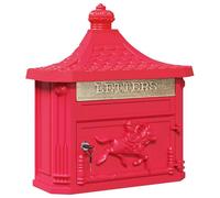 Cassetta delle lettere da parete rossa in alluminio pressofuso 40,5 x 16 x 45 cm con porta richiudibile e tettuccio antipioggia per esterni, resistente alle intemperie, stile vintage, include