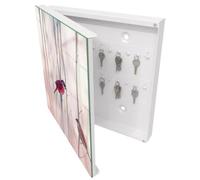 Cassetta per Chiavi 30x30 cm | Bianco | A Sinistra | Montaggio a Parete | Due uccelli | in Metallo | Frontale Decorativo in Vetro Temperato | Tasselli e Viti Inclusi | per Uffici