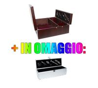 Cassetta porta bottiglie per 3x bottiglie in legno color mogano + 5 accessori