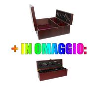 Cassetta porta bottiglie per 3x bottiglie in legno color mogano + 5 accessori