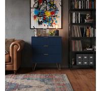 Cassetti blu 3 cassetti, Feds in metallo dorato, camera da letto o soggiorno portaoggetti, design moderno Art Déco, 60x40x70 cm