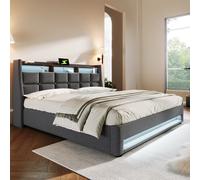 Cassettiera 180x200 cm con ricarica USB e illuminazione Scatola a LED con struttura in metallo lino grigio (senza materasso)