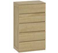 Cassettiera 5 Cassetti 60x39x100 cm in Legno con Guide in Metallo e Maniglie Scanalate color Faggio