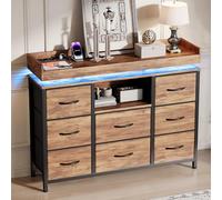 Cassettiera 8 Cassetti Stile Vintage Industriale con Luci LED e Prese Elettriche, Mobiletto Multiuso in Tessuto Effetto Legno Tigrato, Organizer Salvaspazio da Letto, Soggiorno e Gaming, 108x82x30cm