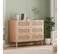 Cassettiera a 6 cassetti in legno e rattan (100 x 34 x 73 cm) - Elegante armadio per camera da letto, soggiorno, ufficio, gambe in legno e pomelli in metallo