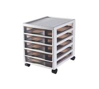 Cassettiera a torre a 5 ripiani in plastica trasparente con ruote, versatile carrello portaoggetti per casa, bagno, camera da letto, ufficio e aula, telaio grigio e bianco
