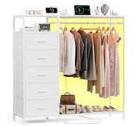 Cassettiera bianca da 119 cm con luci LED e appendiabiti, comò in tessuto a 5 cassetti con stazione di ricarica e ripiani, organizer alto per armadio per riporre vestiti in camera da letto