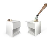 Cassettiera bianca minimalista con cassetto visibile e scomparti nascosti, serratura NFC con app Bluetooth in cassetto segreto, mobile mimetico con ripiano aperto e doppio fondo invisibile per soldi