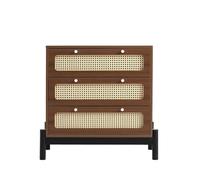 Cassettiera classica con 3 cassetti, con ripiano in rattan, con bottoni rotondi in metallo argentato e telaio gamba nera, spazio per il soggiorno e la camera da letto, in pino, MDF, rattan PVC