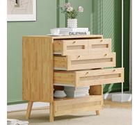 Cassettiera classica, con 3 cassetti, con ripiano in rattan, con coperchio a flip-top inferiore, con manico in metallo dorato e gambe in legno, spazio per il soggiorno e la camera da letto, truciolato