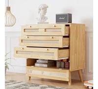 Cassettiera classica con 3 cassetti, con ripiano in rattan, con coperchio a flip-top inferiore, manico in metallo dorato e gambe in legno, spazio per il soggiorno e la camera da letto, pannelli
