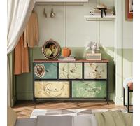 Cassettiera con 5 cassetti in tessuto, mobile di stoccaggio rustico con gambe regolabili, cassettiera per camera da letto con ripiano in legno, armadio portaoggetti vintage per la cameretta dei