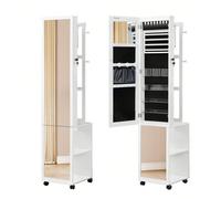 Cassettiera gioielli, mobile a specchio per gioielli, organizer portaoggetti per gioielli in piedi con 1 appendiabiti, 3 ripiani con 4 ganci, bianco e nero, arredamento dormitorio per il ritorno a scu