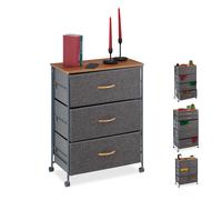 relaxdays Cassettiera con Ruote, Cassetti in Stoffa, Mobiletto, Ripiano in Aspetto Legno, HxLxP: 74,5x58x30 cm, Grigio