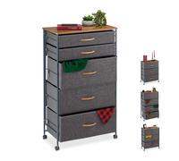 relaxdays Cassettiera con Ruote, Cassetti in Stoffa, Mobiletto, Ripiano in Aspetto Legno, HxLxP: 96,5x58x30 cm, Grigio, Fibra