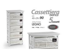 CASSETTIERA LEGNO 5 CASSETTI SLIM SALVASPAZIO BIANCO VIMINI RIVESTITI 904029cm