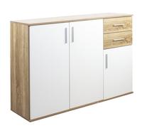 BAKAJI Madia Armadietto Armadio 3 Ante 2 Cassetti, Mobile Design Minimal, Camera da Letto, Soggiorno, Arredamento Casa, Ufficio, Resistente Robusto Multiuso (Quercia e Bianco)