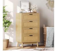 Cassettiera per camera da letto, armadio con 4 cassetti, stile bohemien, mobile portaoggetti con gambe in legno, realizzato in bambù e legno naturale intrecciato, per letto, soggiorno, ingresso, 55 x