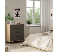Cassettiera Rochester, Settimanale a 4 cassetti, Mobile Comò per Camera da Letto, Comò Moderno, 76x40h94 cm, Rovere Nodi e Antracite