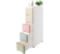 Cassettiera Salvaspazio con 5 Cassetti Mobiletto Stretto con Ruote Organizer in Plastica PP per Bagno Ufficio Casa Carrello Portaoggetti per Angoli Stretti(White+Macaron Color)
