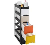 Cassettiera Salvaspazio con 5 Cassetti Mobiletto Stretto con Ruote Organizer in Plastica PP per Bagno Ufficio Casa Carrello Portaoggetti per Angoli Stretti(Black+Colorful Modern Colors)