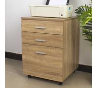 BAKAJI Cassettiera Mobile Scrivania Mobiletto Porta Stampante in Legno MDF con 3 Cassetti e 4 Ruote Girevoli Design Moderno Arredamento Casa Ufficio Dimensione 46,5 x 45 x 64 cm (Quercia)