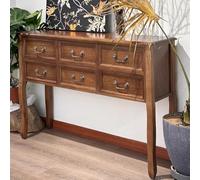 Cassettiera stretta in legno massello, consolle a 6 cassetti con gambe arrotondate e maniglie in metallo, 119 x 33 x 81 cm (lunghezza x larghezza x altezza), finitura noce chiaro e avorio