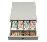 Cassetto Cassa 33x33.5cm - 4 Scomparti Banconote 4 Monete - Bianco | Apertura Automatica RJ11 e Manuale con Chiave, Compatibile Registratore di Cassa, Metallo, 4 Monete, Bianco, Cassetto