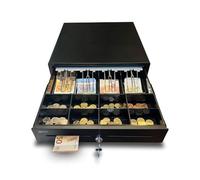 Cassetto Cassa 41x42x11cm - 4 Scomparti Banconote 8 Monete - Nero | Apertura Automatica RJ11 e Manuale con Chiave, Compatibile Registratore di Cassa, Metallo, 8 Monete, Nero, Cassetto Cassa