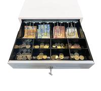 Cassetto Cassa Registratore - Cassetta Porta Soldi 4 Scomparti Banconote e 8 Monete - Apertura Automatica RJ11 e Manuale con Chiave - Compatibille Registratore di Cassa - Metallo 41x41 cm - Bianco