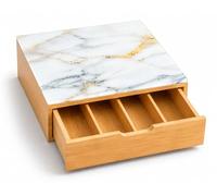 Cassetto Portacapsule in Bamboo con Piano in Vetro Effetto Marmo - Organizer Capsule Caffè 4 Scomparti, Porta Capsule e Cialde, Salvaspazio per Cucina e Coffee Station