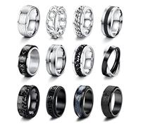 CASSIECA 12 Pezzi Anelli Uomo Anelli Spinner Acciaio Inossidabile per Uomo Donna Antistress Anti Ansia Fidget Anelli Neri Promessa Nozze Band Spinner Anelli Dimensione 20