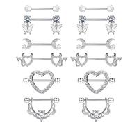 CASSIECA 6 Paia 14G Piercing Capezzoli per Donna Argento Barre per Capezzoli Gioielli per Piercing Capezzolo Acciaio Chirurgico Barbell Piercing Carino Dangly Barbells Cuore Corpo Piercing Barbell