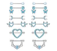 CASSIECA 6 Paia 14G Piercing Capezzoli per Donna Blu Barre per Capezzoli Gioielli per Piercing Capezzolo Acciaio Chirurgico Barbell Piercing Carino Dangly Barbells Cuore Corpo Piercing Barbell