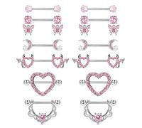 CASSIECA 6 Paia 14G Piercing Capezzoli per Donna Rosa Barre per Capezzoli Gioielli per Piercing Capezzolo Acciaio Chirurgico Barbell Piercing Carino Dangly Barbells Cuore Corpo Piercing Barbell