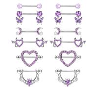 CASSIECA 6 Paia 14G Piercing Capezzoli per Donna Viola Barre per Capezzoli Gioielli per Piercing Capezzolo Acciaio Chirurgico Barbell Piercing Carino Dangly Barbells Cuore Corpo Piercing Barbell